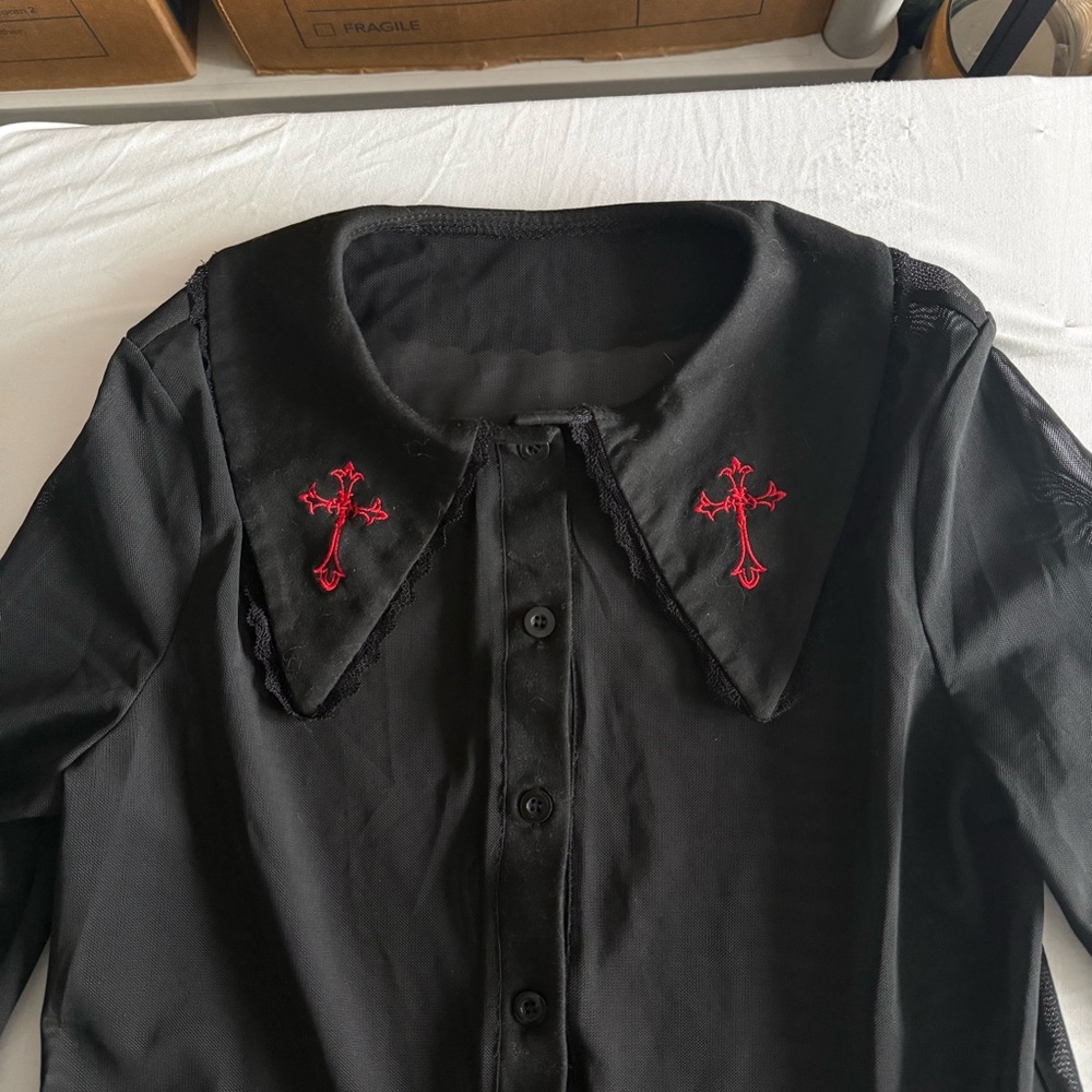 Whimsigoth Witchy Emo Dark Romantic Sheer Button Up Small Cross Victorian Gothic - Picture 5 of 12